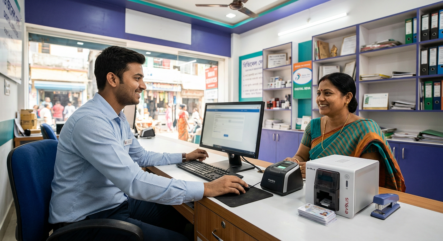Operator at Saraswati Online helping a customer with a government service